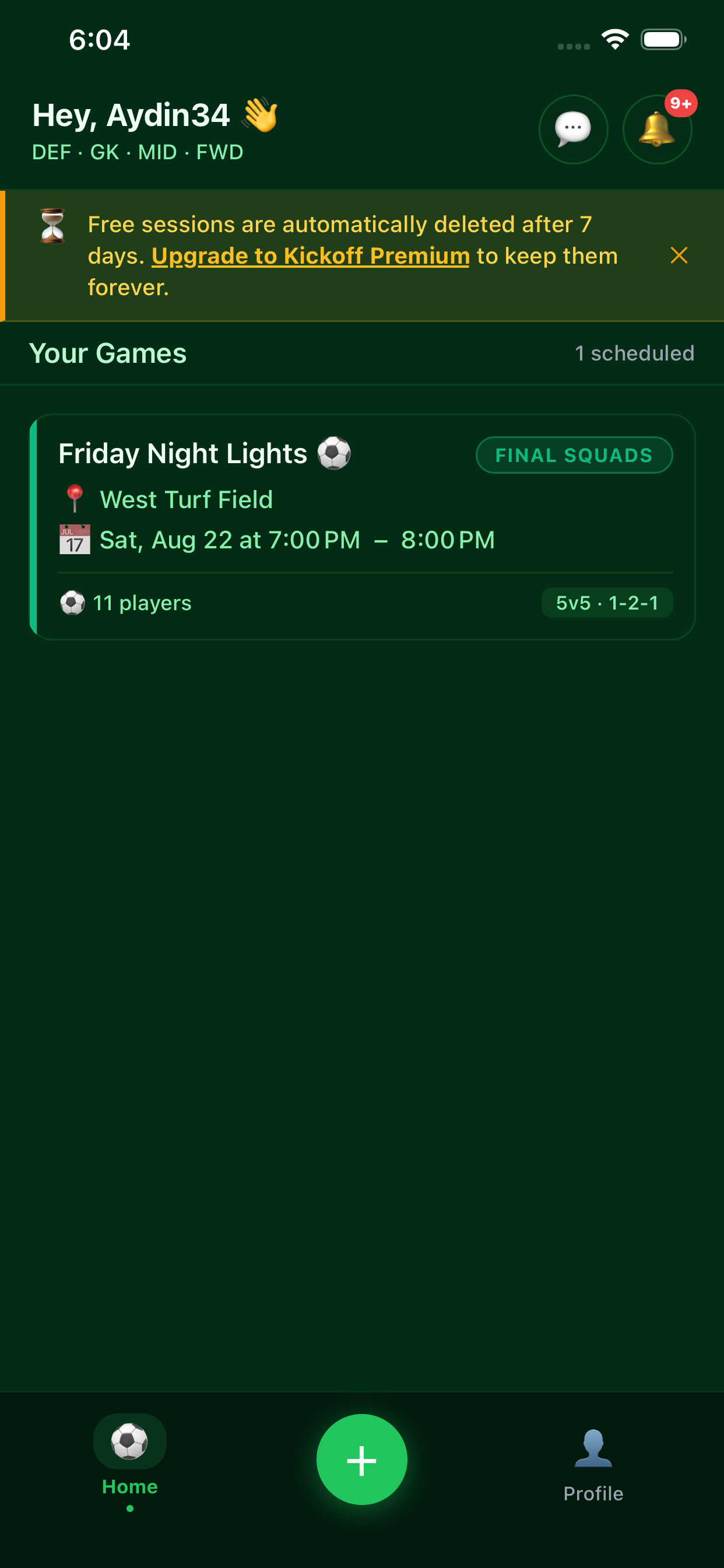 Kickoff app dashboard for organizing soccer games
