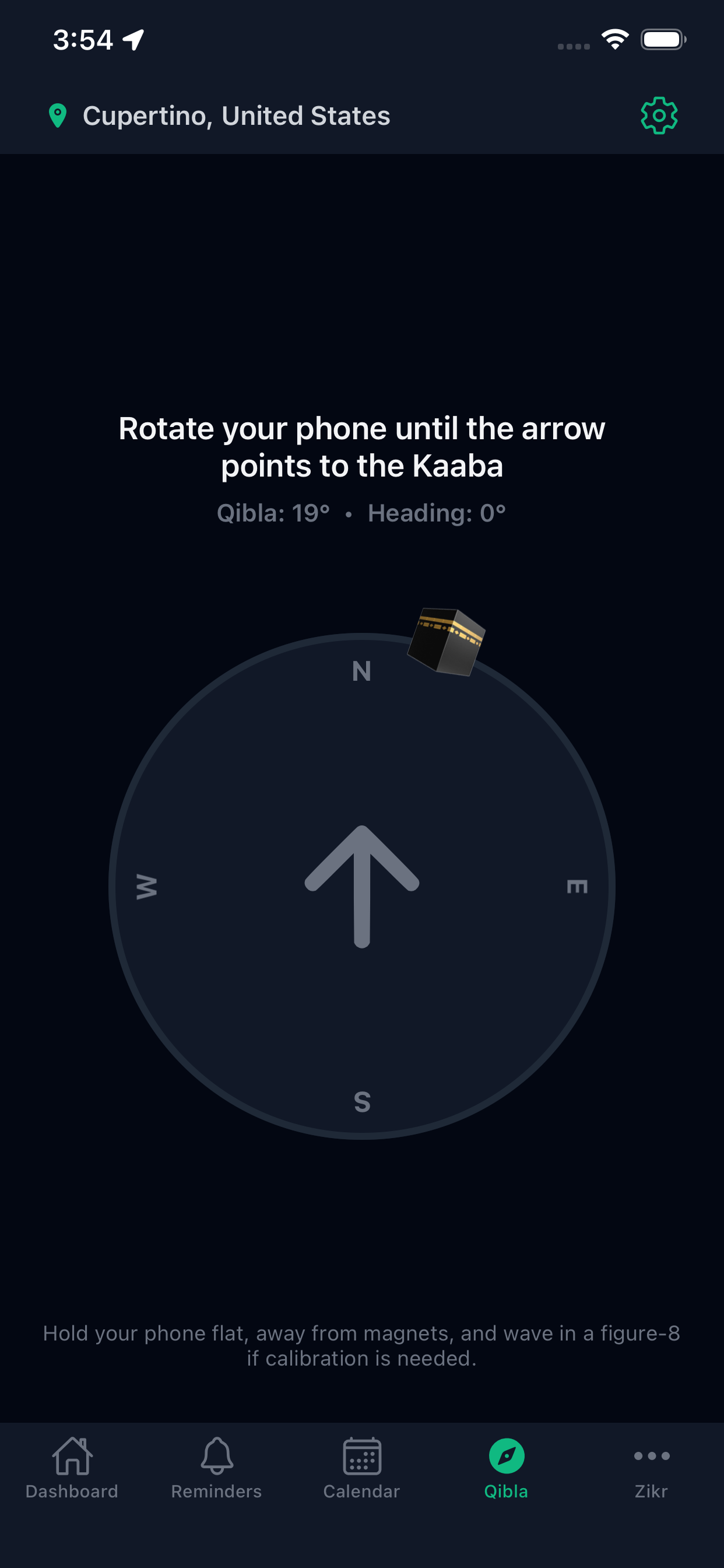 Light app showing prayer times and Qibla features